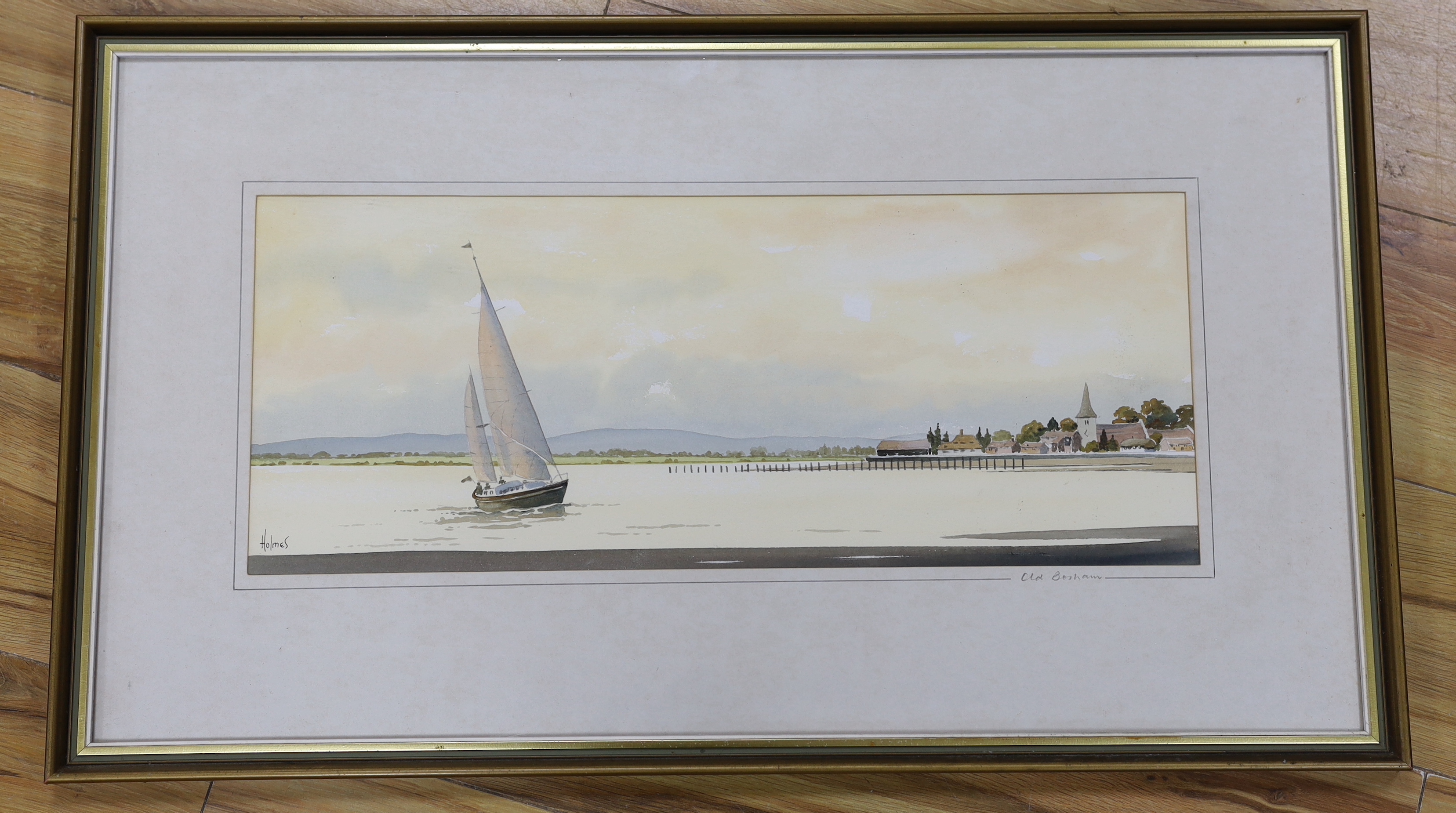 David Holmes (1936-1994) watercolour, Old Bosham, signed, inscribed in pencil to the mount, 54 x 22cm